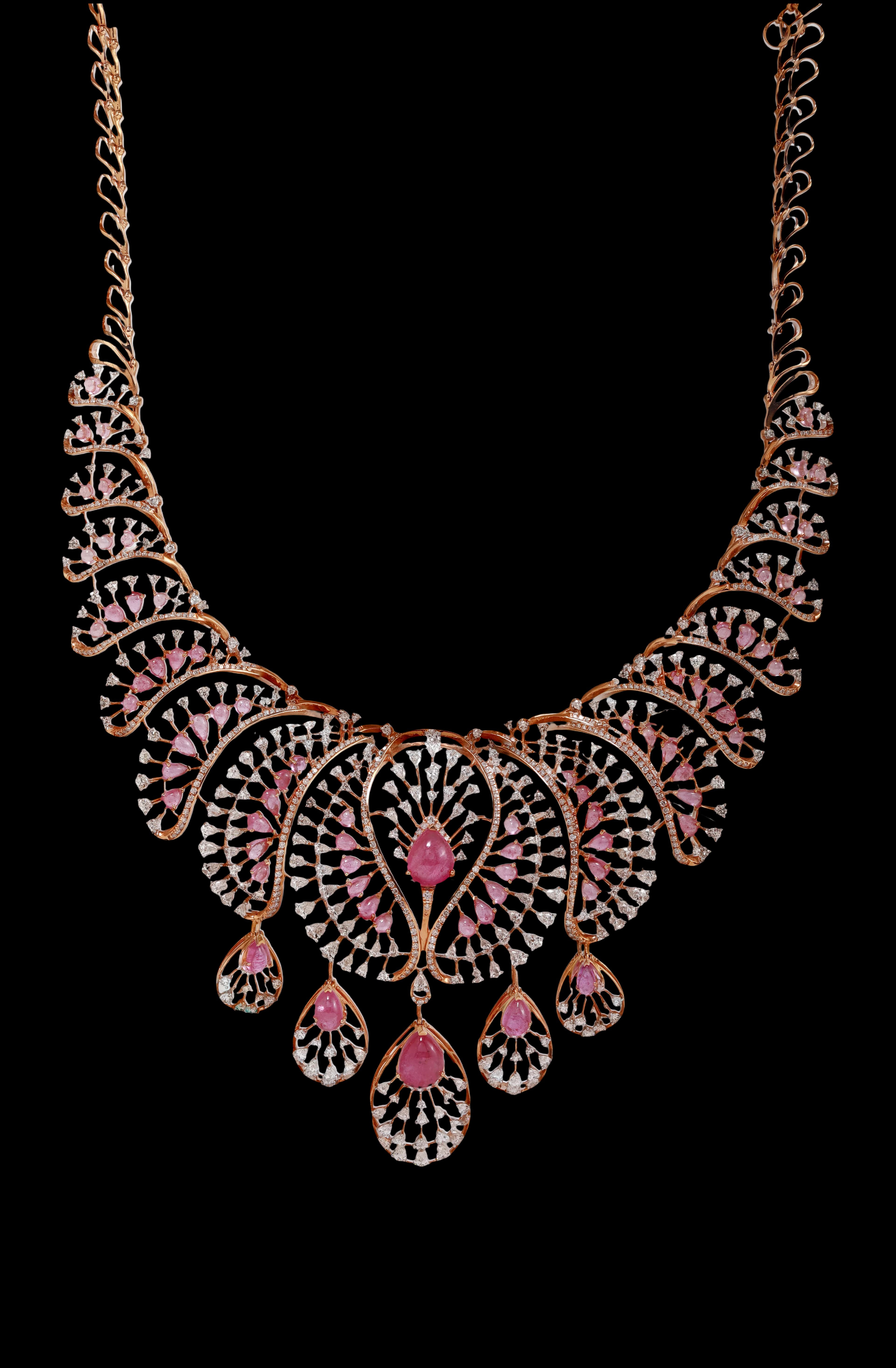 Diamond and ruby studded rose gold necklace